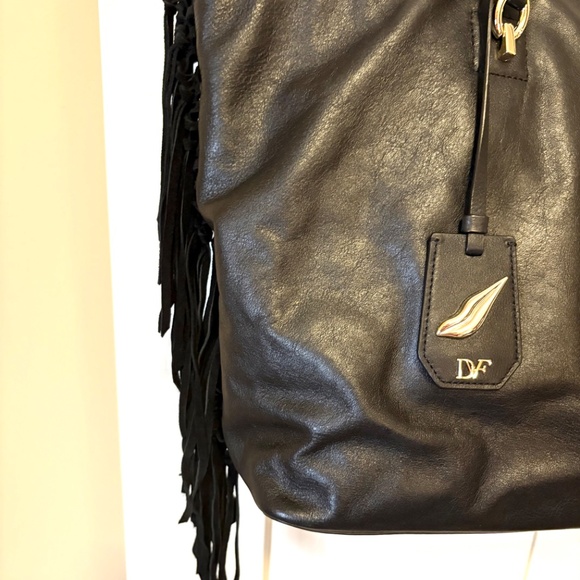 NEW~Diane Von Furstenberg Black Leather Tote/ Purse~Suede SideFringe~Red Lining - Picture 11 of 16